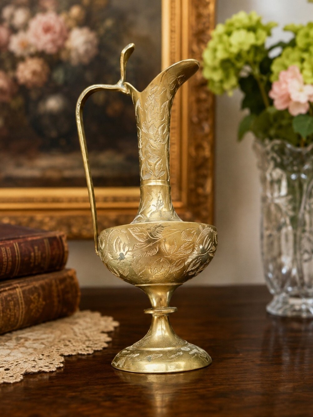 Vintage Etched Brass Pitcher India - Ornate Floral Footed Ewer Vase